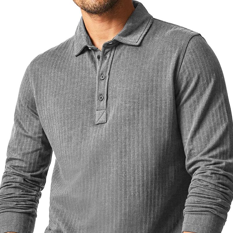 Men's Fashion Solid Color Striped Lapel Long Sleeve Casual Polo Shirt 29310386Z