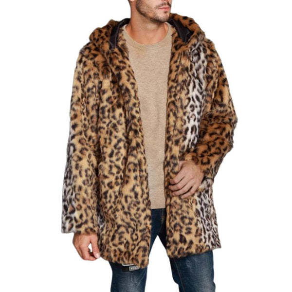 Men's Classic Casual Leopard Print Hooded Plush Faux Fur Coat 90965761K