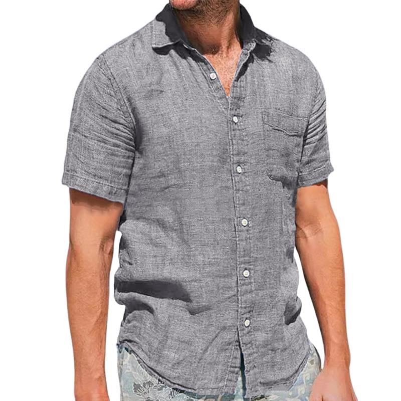 Men's Casual Cotton Linen Blended Lapel Slim Short-sleeved Shirt 64863135M