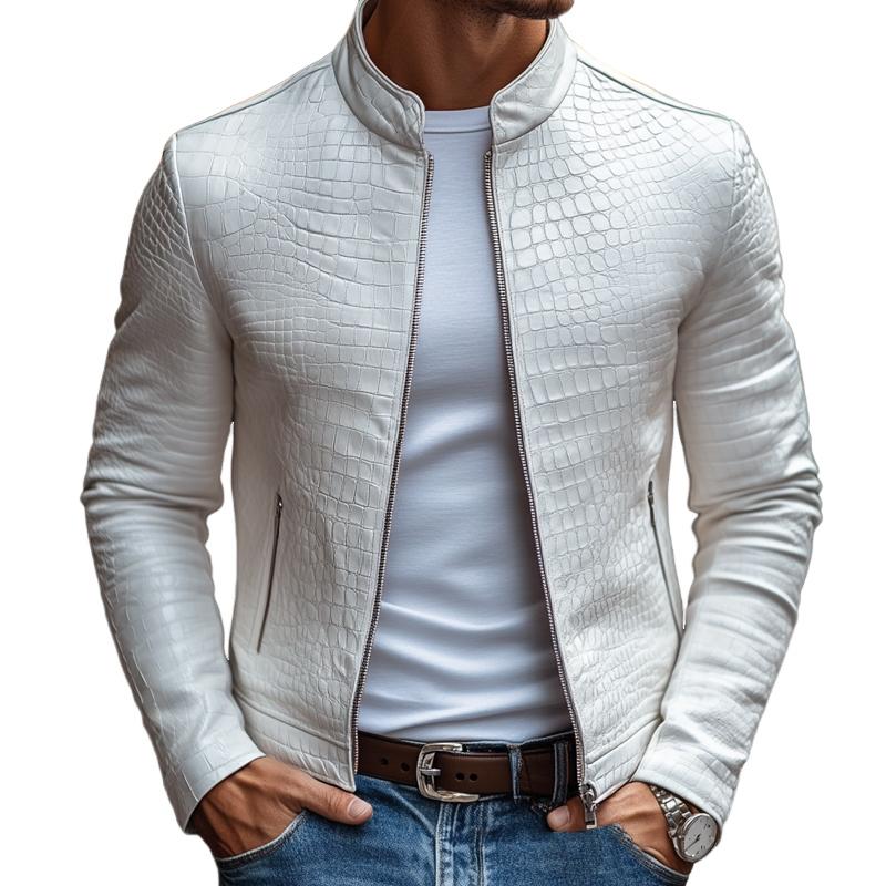 Men's Fashion Stone Pattern Stand Collar Zipper Slim Fit Leather Jacket 45773252M