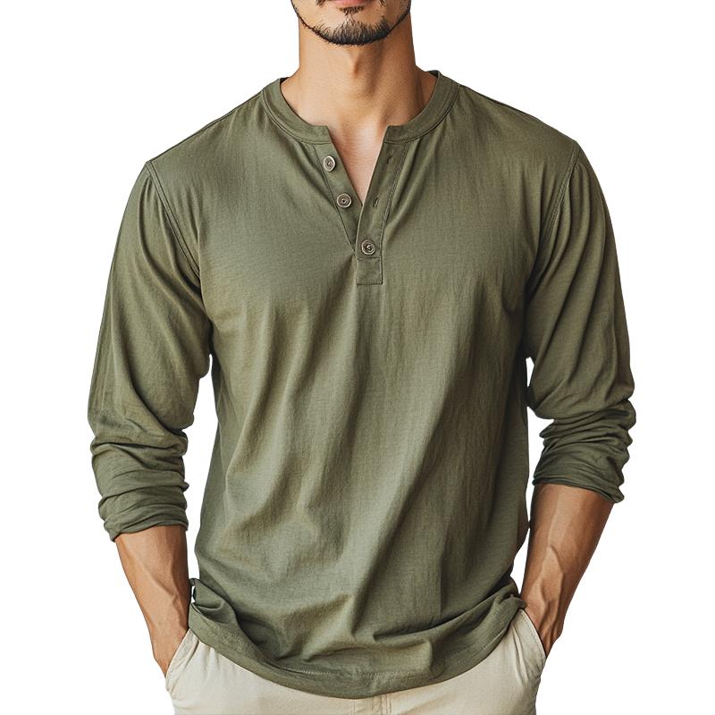 Men's Vintage Casual Solid Color Henley Neck Long Sleeve T-Shirt 92387733TO