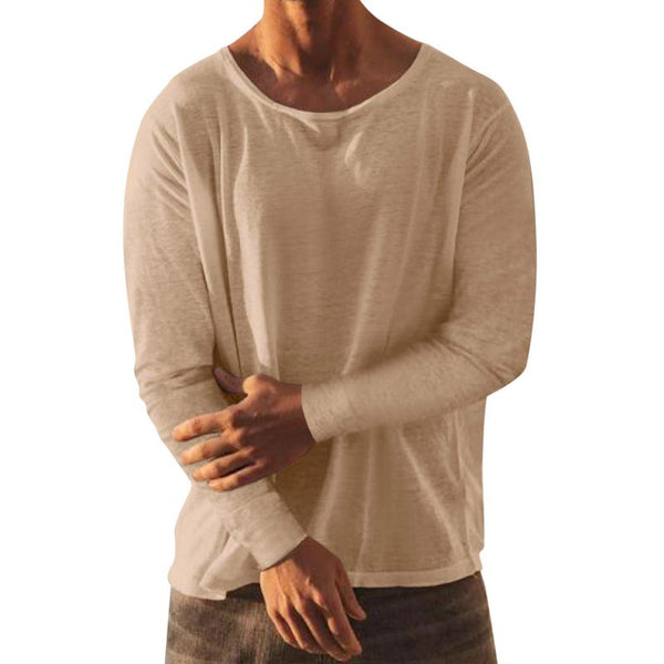 Men's Solid Loose Round Neck Long Sleeve Linen T-shirt 57497281Z