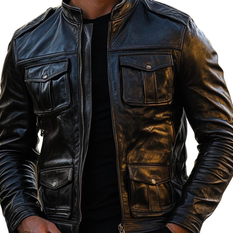 Men's Casual Multi-pocket Stand Collar Leather Jacket 74868345F