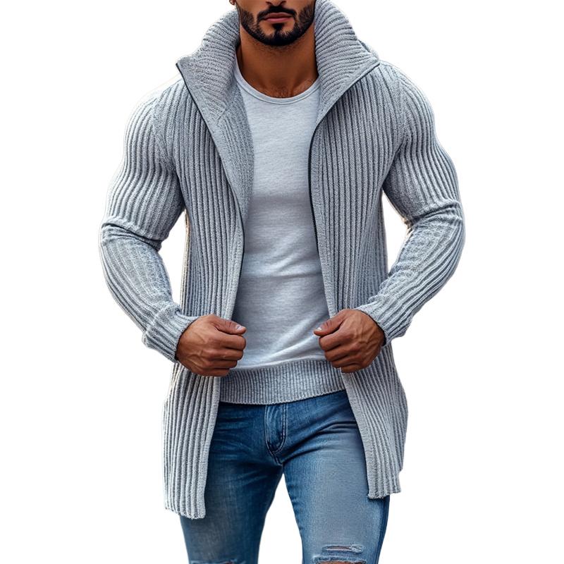 Men's Fashion Stand Collar Solid Striped Long Sleeve Mid-length Knit Cardigan 70689538Z