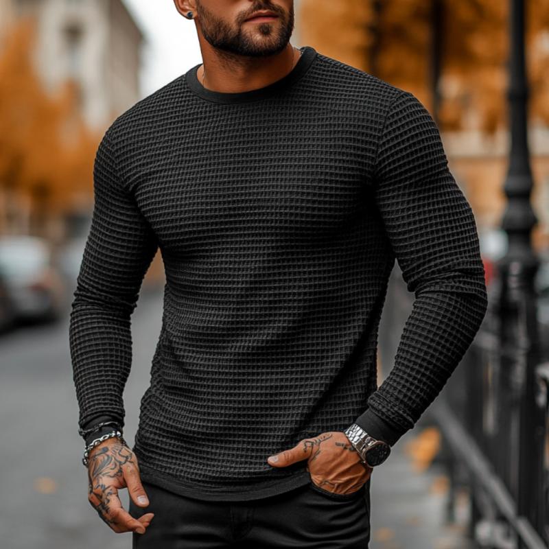 Men's Casual Waffle Collar Slim Fit Long Sleeve T-shirt 67704705M