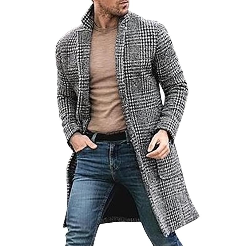 Men's Houndstooth Lapel Single Breasted Mid-length Coat 92454433Z