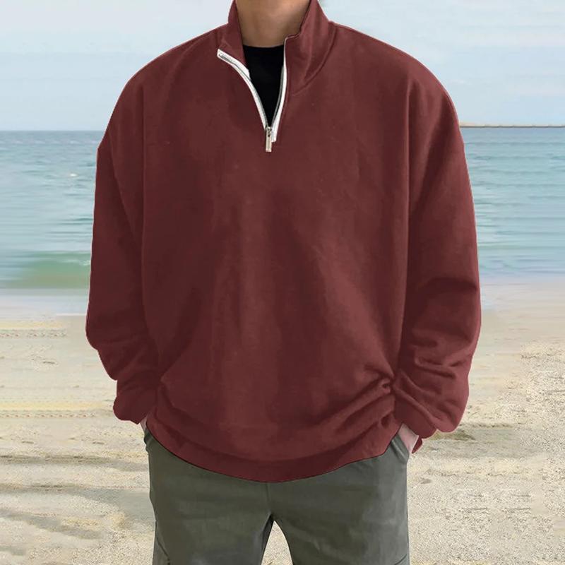 Men's Solid Loose Zipper Stand Collar Long Sleeve Sweatshirt 08658020Z