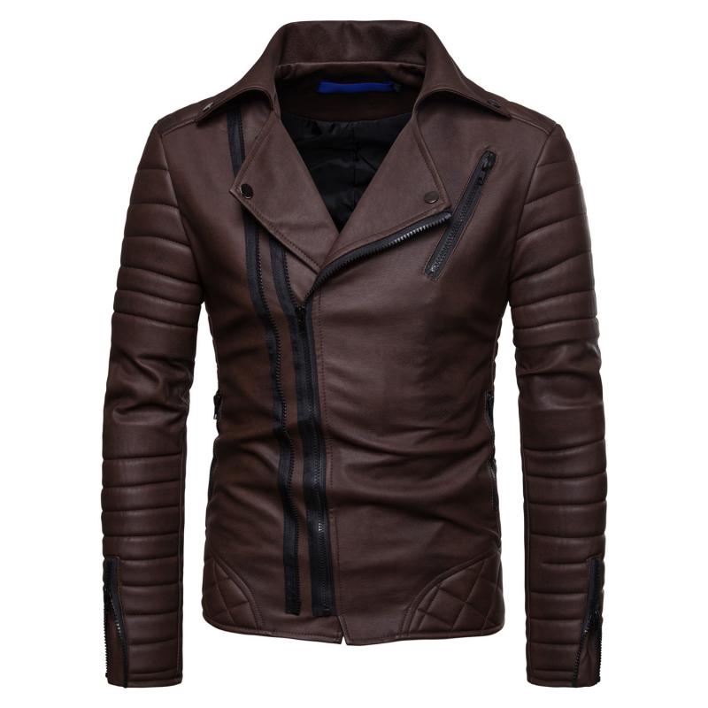 Men's Vintage Distressed Panel Zipper Lapel Long Sleeve Leather Jacket 68752078M