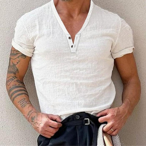 Men's Solid Color Buttons V Neck Short Sleeve Cotton T-shirt 64690208Z