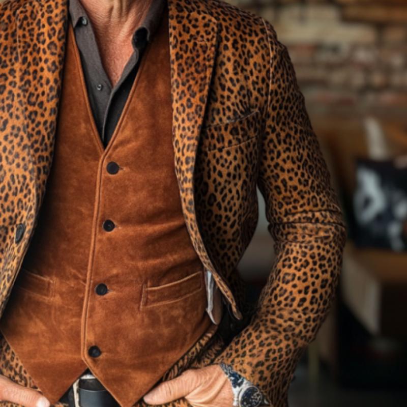 Men's Vintage Suede Leopard Print Single Breasted Blazer 45762205Y