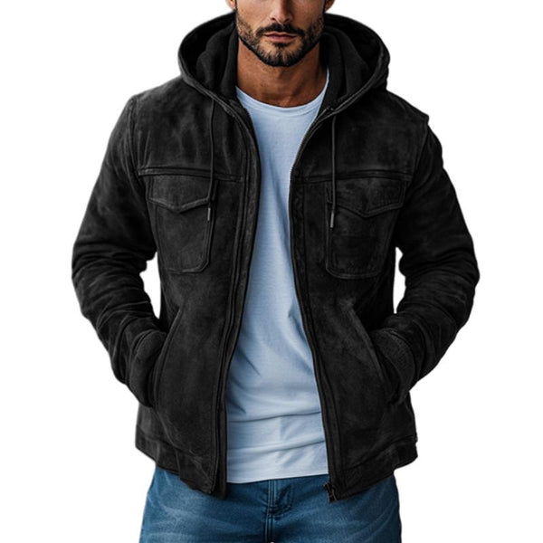 Men's Casual Solid Suede Slim Fit Zip-Up Hooded Jacket 10072711M