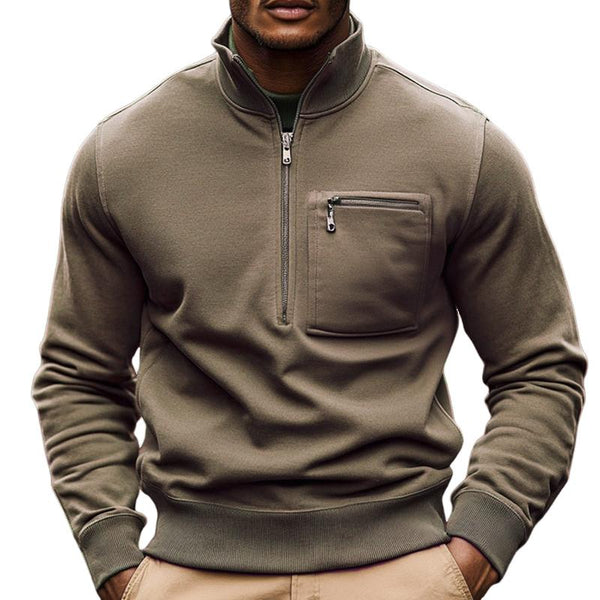 Men's Solid Zip Stand Collar Chest Pocket Long Sleeve Casual Sweatshirt 10173429Z