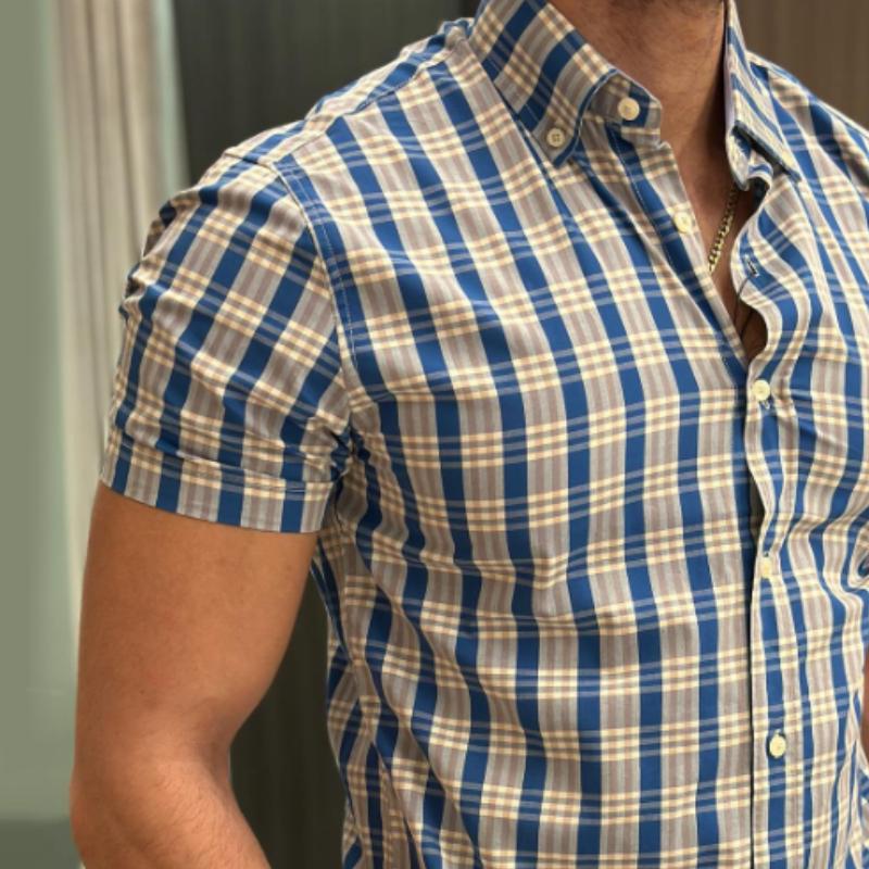 Men's Retro Plaid Lapel Short Sleeve Shirt 06550420TO