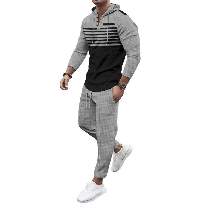 Men's Casual Striped Colorblock Waffle Hooded Long Sleeve T-Shirt Pants Set 84388148Y