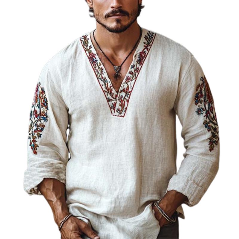 Men's Classic Vintage V-Neck Embroidered Linen Long Sleeve Shirt 89533212K