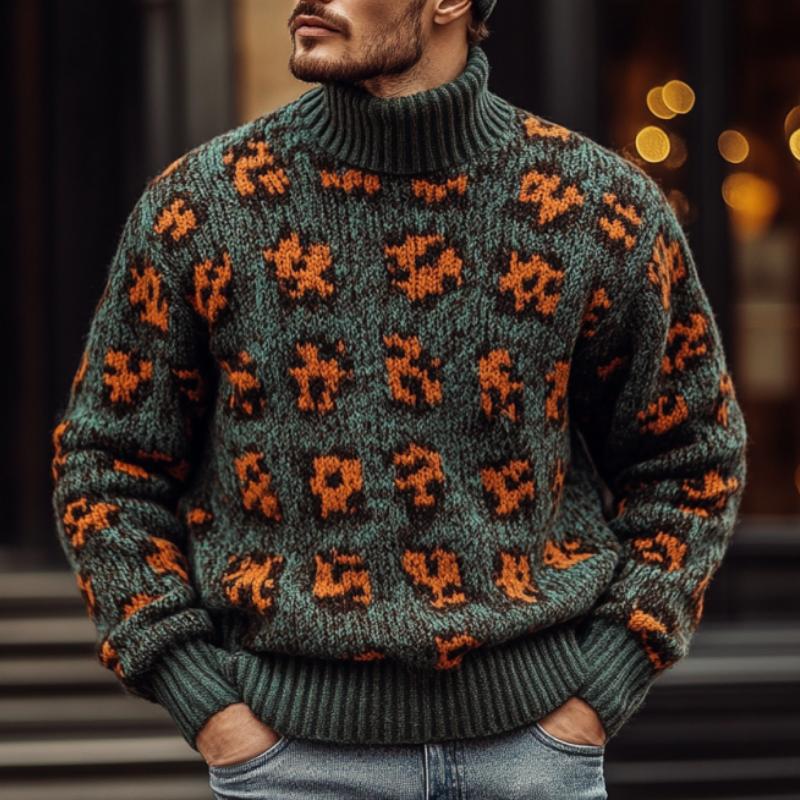 Men's Fashion Colorblock Leopard Turtleneck Warm Knitted Sweater 86039436M