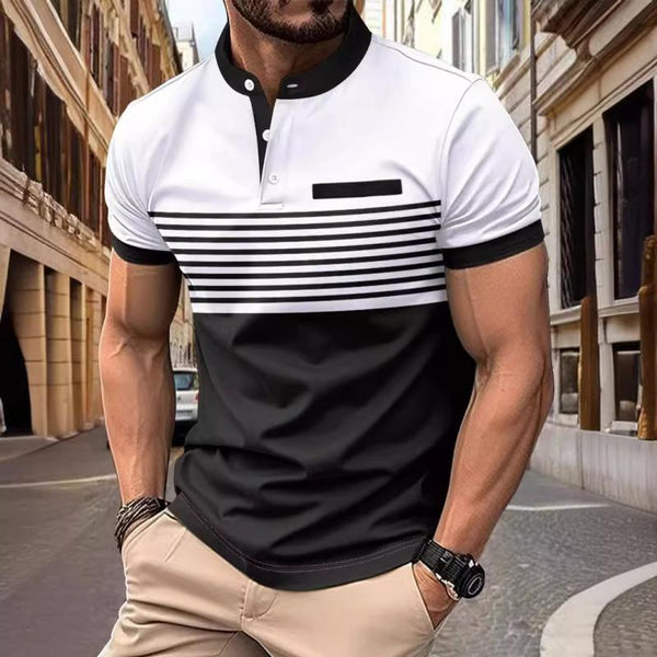 Men's Striped Stand Collar Short Sleeve Henley T-shirt 75684471Y