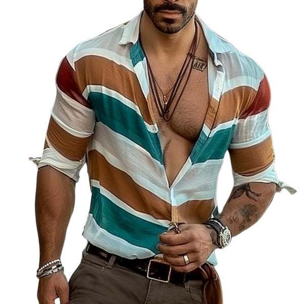 Men's Casual Retro Striped Long Sleeve Shirt 63631429TO