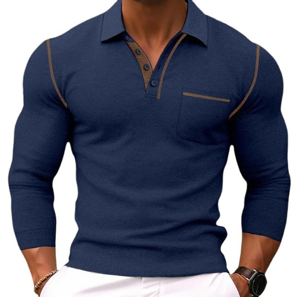 Men's Casual Colorblock Lapel Slim Fit Long Sleeve Polo Shirt 24545515M