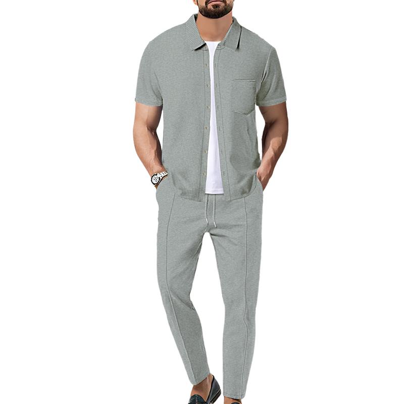 Ensemble chemise à manches courtes et pantalon gaufré de couleur unie pour hommes 59383797X