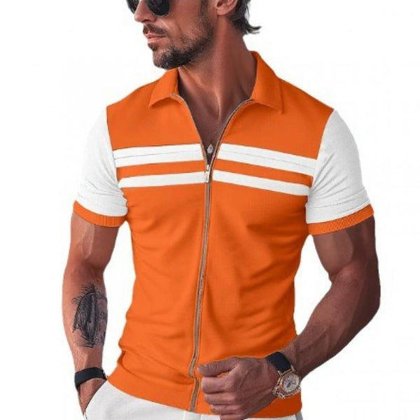 Men's Casual Contrast Lapel Zipper Slim Fit Short Sleeve Polo Shirt 91340548M