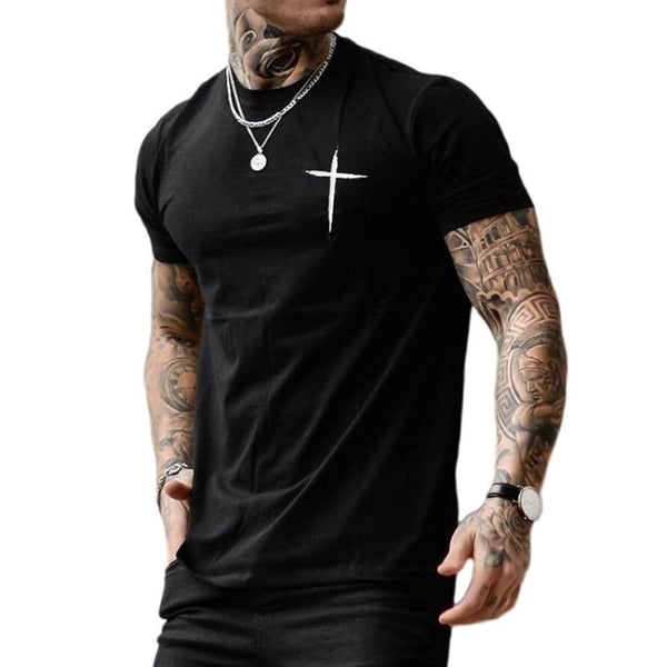 Men's Fashion Cross Print Round Neck Short Sleeve T-shirt 01178488Z