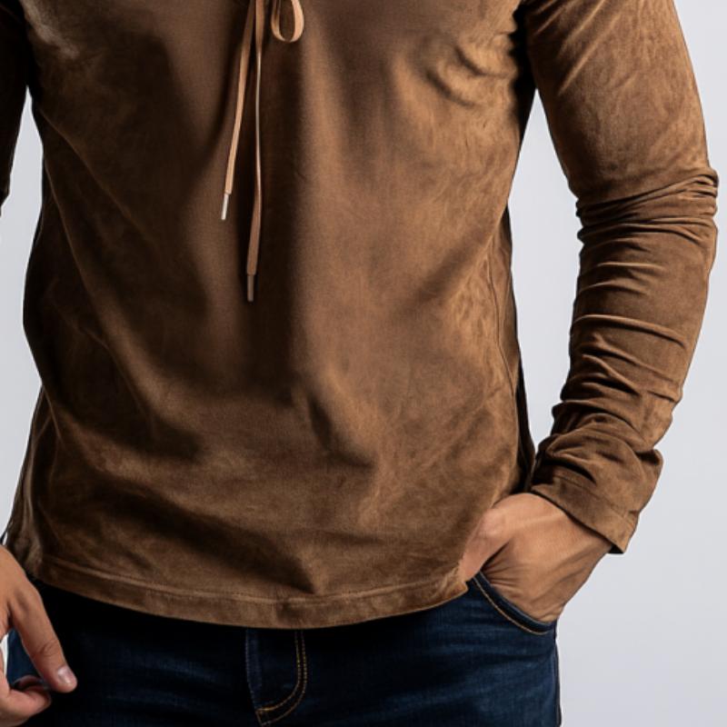 Men's  Casual Stitching Leather Stand Collar Drawstring Suede Long Sleeve POLO Shirt 28379888K