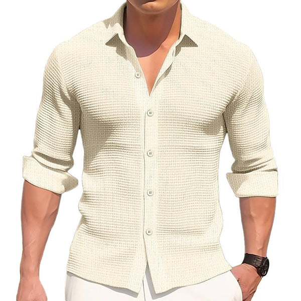Men's Solid Waffle Lapel Long Sleeve Casual Shirt 80375944Z