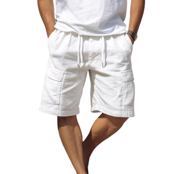 Men's Solid Cotton And Linen Multi-Pocket Drawstring Shorts 65006952Y