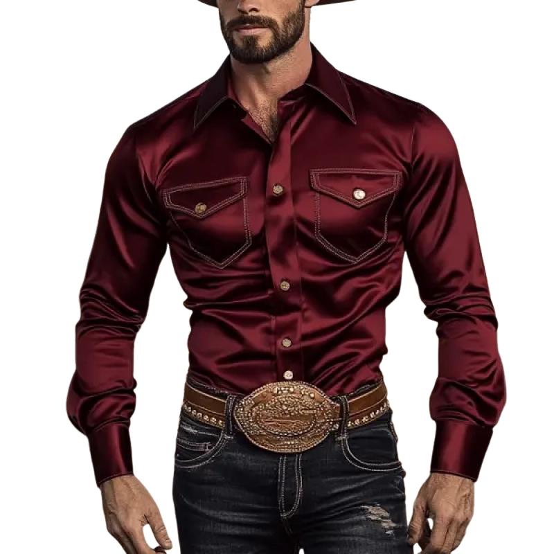 Men's Western Vintage Satin Double Chest Pocket Slim Fit Long Sleeve Shirt 02722866Y