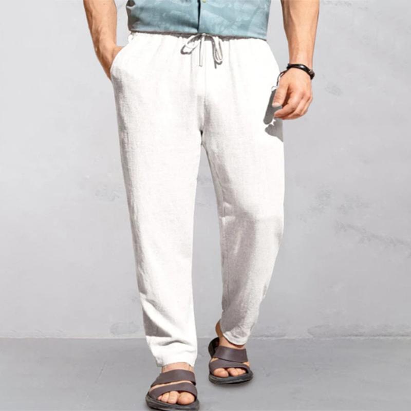 Men's Solid Color Cotton And Linen Loose Elastic Waist Casual Pants 43076262Z