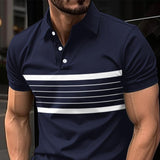 Men's Striped Casual Button-Down Short Sleeve Polo Shirt 54471170Y