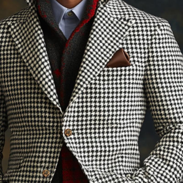 Men's Retro Business Houndstooth Lapel Single Breasted Blazer 63267602Y