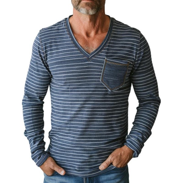 Men's Casual V-neck Striped Patch Pocket Slim Fit Long Sleeve T-shirt 27046481M