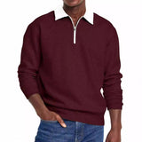 Men's Casual Half Zip Contrast Color Lapel Loose Long Sleeve Polo Shirt 93098285M