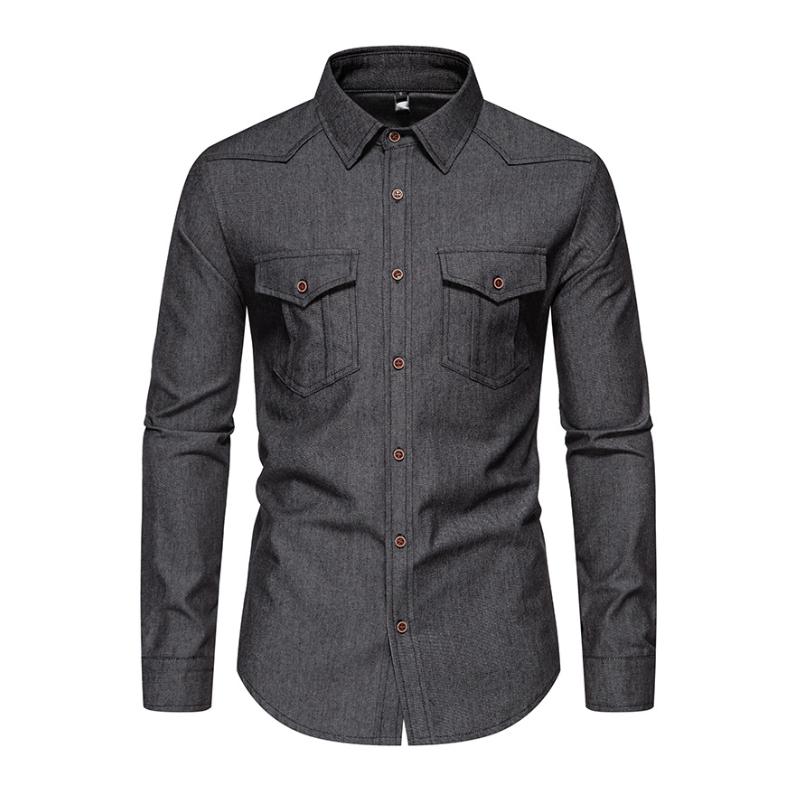 Men's Vintage Lapel Flap Pocket Slim Fit Single Breasted Denim Long Sleeve Shirt 46084071M