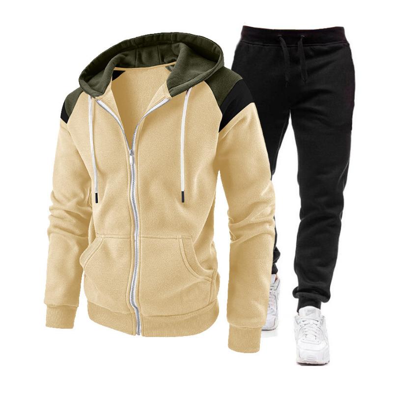 Men's Casual Colorblock Hooded Zipper Jacket Sports Sweatpants Set 01688970M