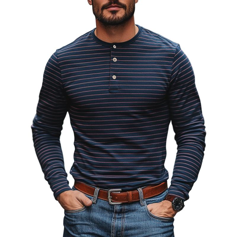 Men's Casual Cotton Blend Striped Henley Collar Slim Fit Long Sleeve T-Shirt 90795549M