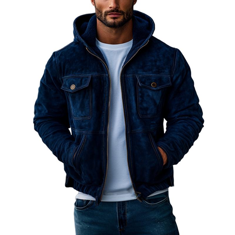 Men's Casual Suede Loose Hooded Zippered Bomber Jacket 20052472M