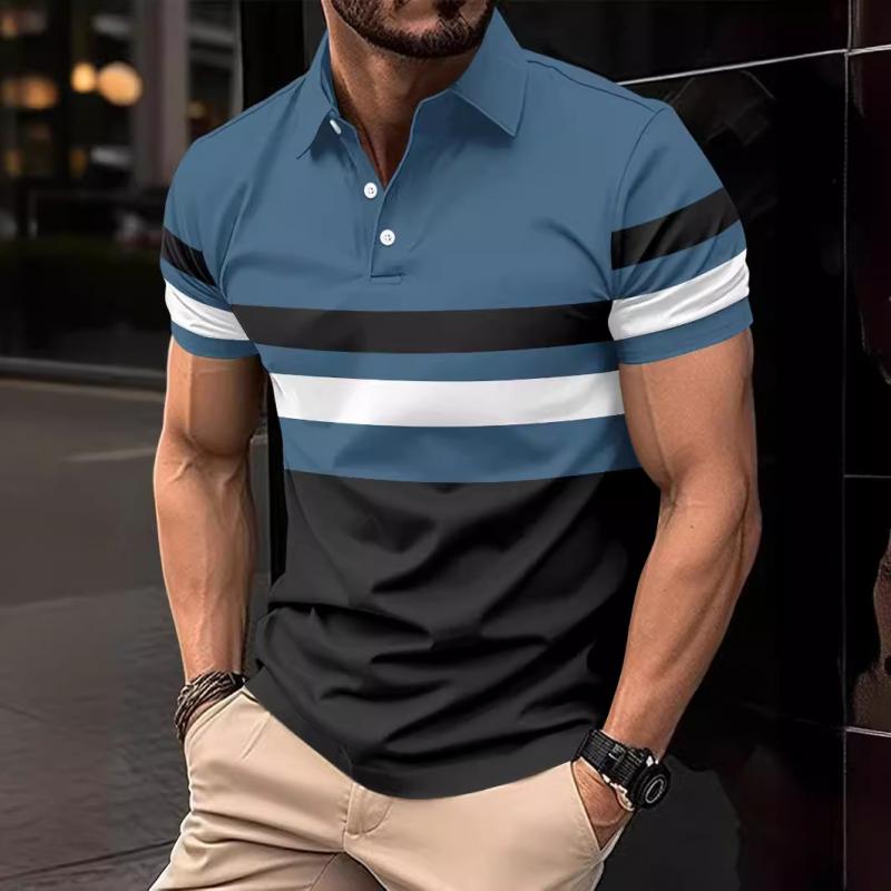 Men's Colorblock Striped Lapel Short Sleeve Polo Shirt 22257555Z