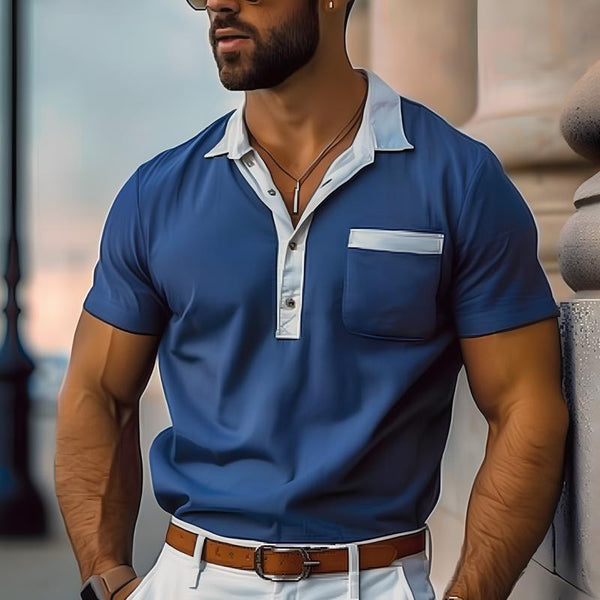 Men's Colorblock Lapel Short Sleeve Polo Shirt 34602691Z