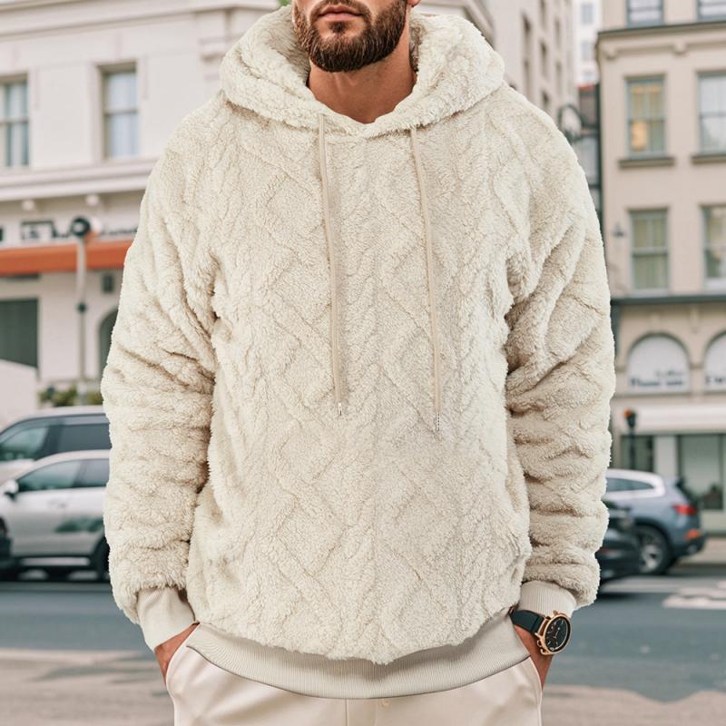 Men's Casual Solid Color Woven Plush Warm Hooded Sweatshirt 72865635Y