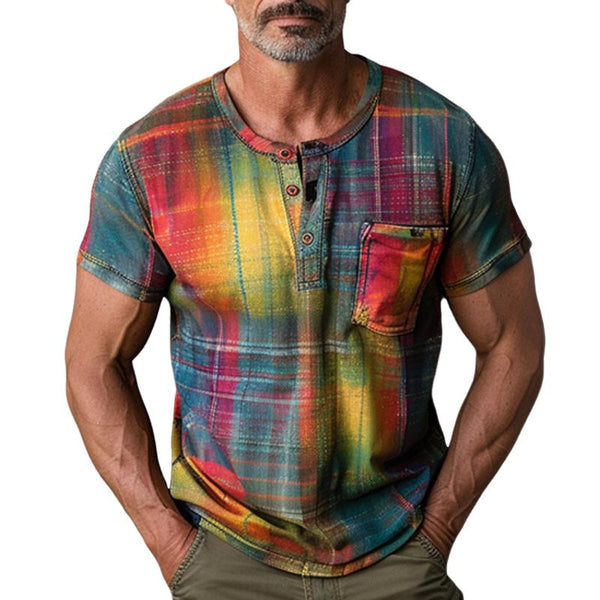 Men's Rainbow Print Button Round Neck Short Sleeve T-Shirt 31385664X