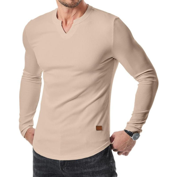 Men's Casual Solid Color Striped V-Neck Slim Fit Long Sleeve T-Shirt 49305594M