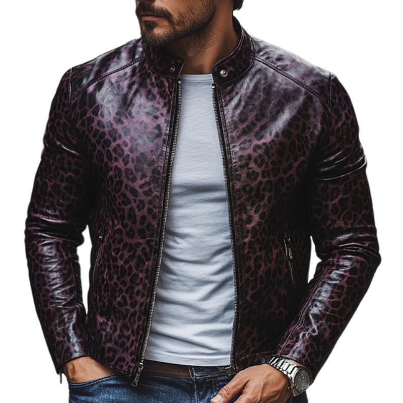 Men's Fashion Leopard Print Stand Collar Zipper Slim Fit Leather Jacket 32750677M