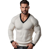 Men's Classic Comfortable Slim Fit Patchwork Color V-neck Long-sleeved Sweater 04369604K