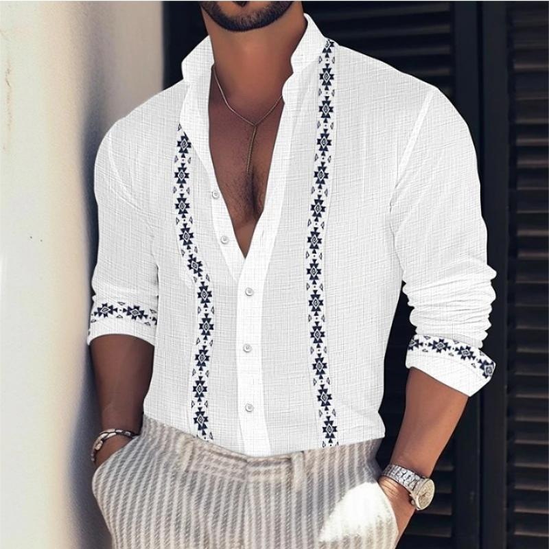 Men's Retro Casual Print Stand Collar Long Sleeve Shirt 62660083TO