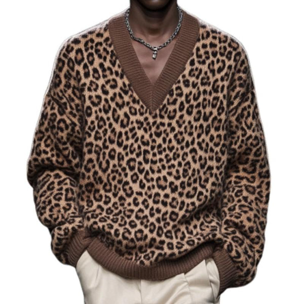 Men's Fashion Leopard Jacquard V Neck Loose Knitted Sweater 32279753M