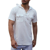 Men's Casual Cotton Linen Lace-up Pullover Flap Pocket Short-sleeved Hoodie 75499303M