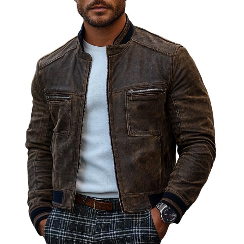 Men's Classic Slim Stand Collar Zipper Casual Leather Jacket 74882334F